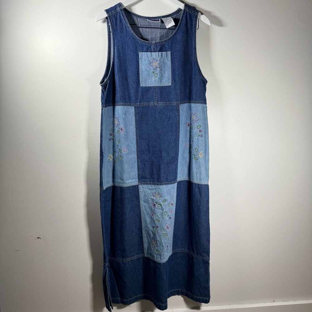 Erika & Co. Denim Patchwork Maxi Dress Floral Embroidery Sleeveless Cotton M
